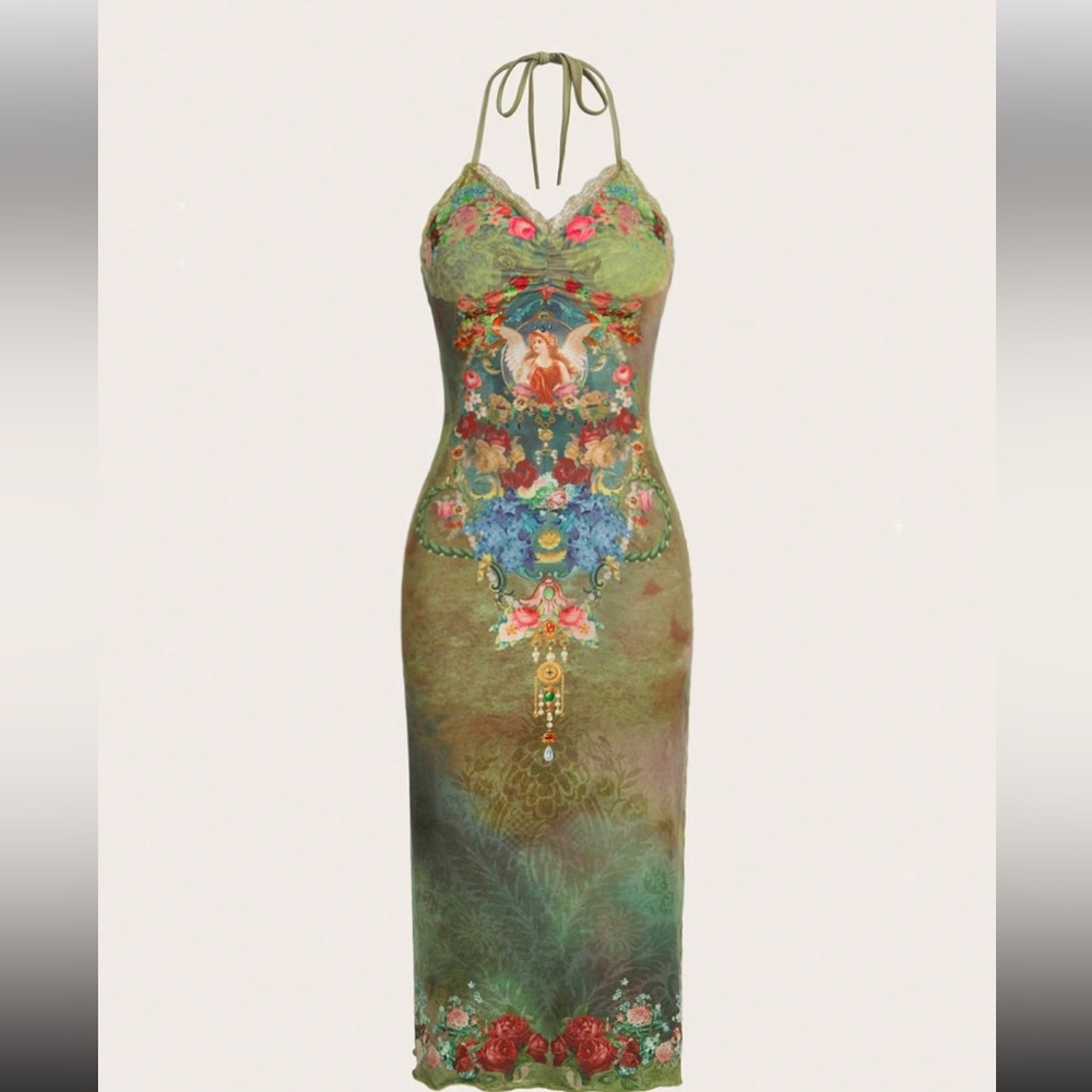 SHEIN ICON Hippie Floral Print Split Thigh Halter
Neck Backless Dress